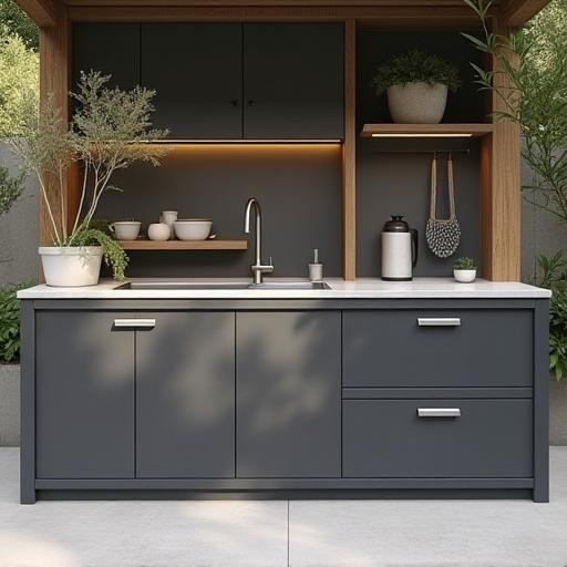 Arbetsyta och förvaringsmodul för utekök med smarta skåp